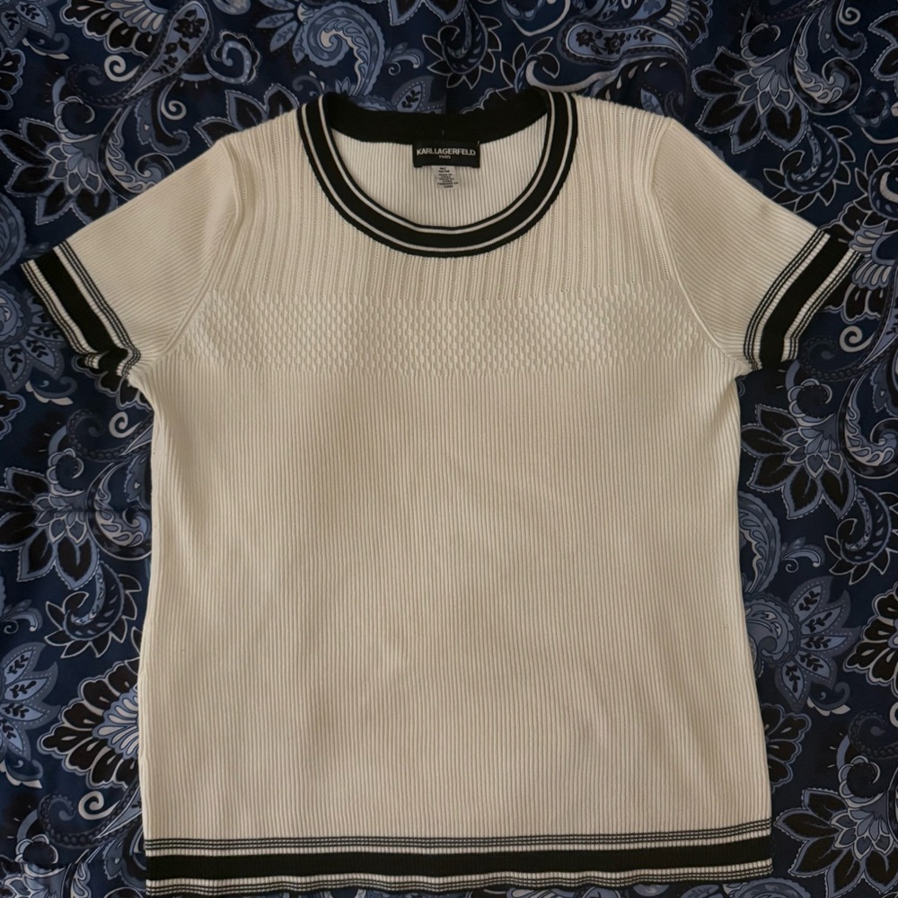 Karl Lagerfeld White and Black Fitted Ribbed Cuffed Sleeve Top